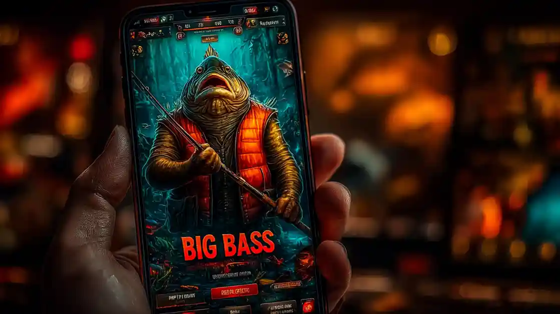 A close-up of a hand holding a smartphone showcasing a BIG BASS fishing game, featuring an anthropomorphic fish character, highlighting the engaging casual games on tk777.