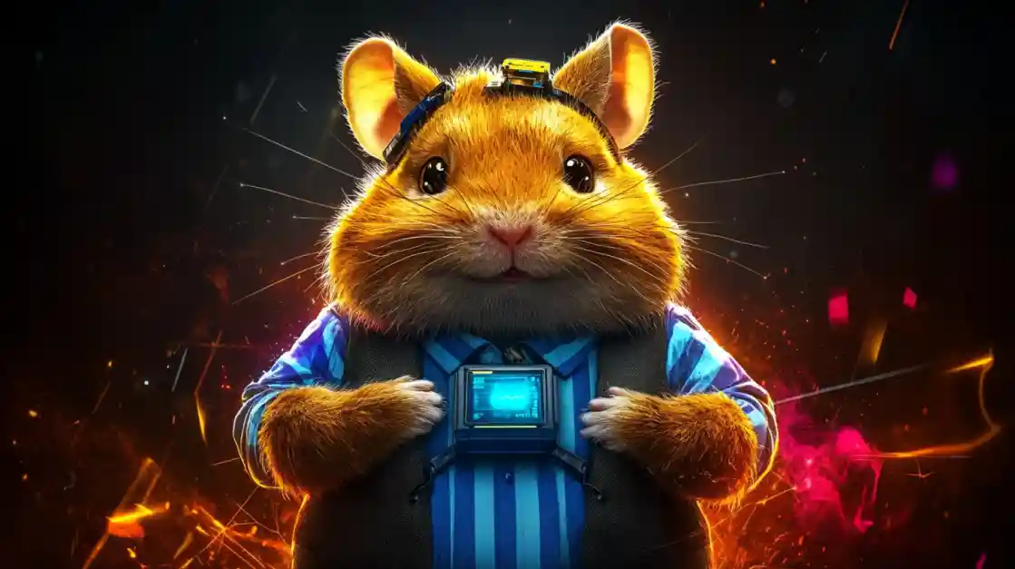 A cute and tech-savvy hamster character wearing a vest and a headset, with a friendly expression, representing the playful and innovative spirit of tk777.