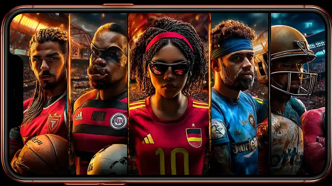 A smartphone screen displays a powerful collage of diverse male and female athletes from various sports, including football and soccer, representing the comprehensive sports betting options at tk777.