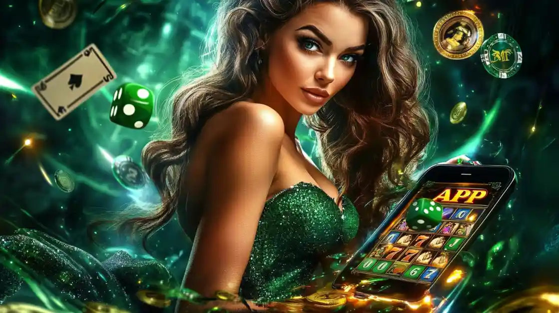 An enchanting woman with flowing hair, adorned in green, gazes captivatingly, surrounded by floating cards, dice, and coins, alongside a smartphone featuring the tk777 gaming app.