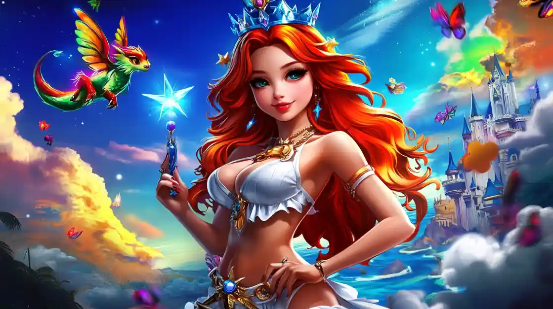 A vibrant fantasy scene featuring a beautiful princess with fiery red hair and a crown, holding a magic wand, with a small winged dragon and a fairytale castle in the background, embodying the magical world of tk777.