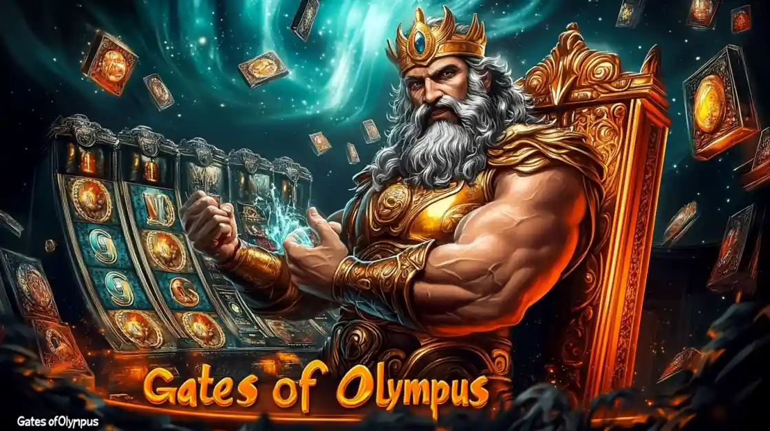 A majestic Zeus figure on a golden throne, surrounded by floating cards and a tk777 slot machine, with Gates of Olympus prominently displayed, inviting players to a mythical gaming experience.