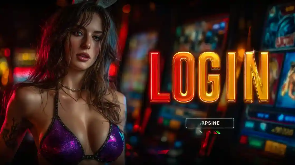 A captivating woman in a shimmering top stands beside a prominent LOGIN interface, with tk777 slot machines softly blurred in the background, inviting users to enter the world of tk777.