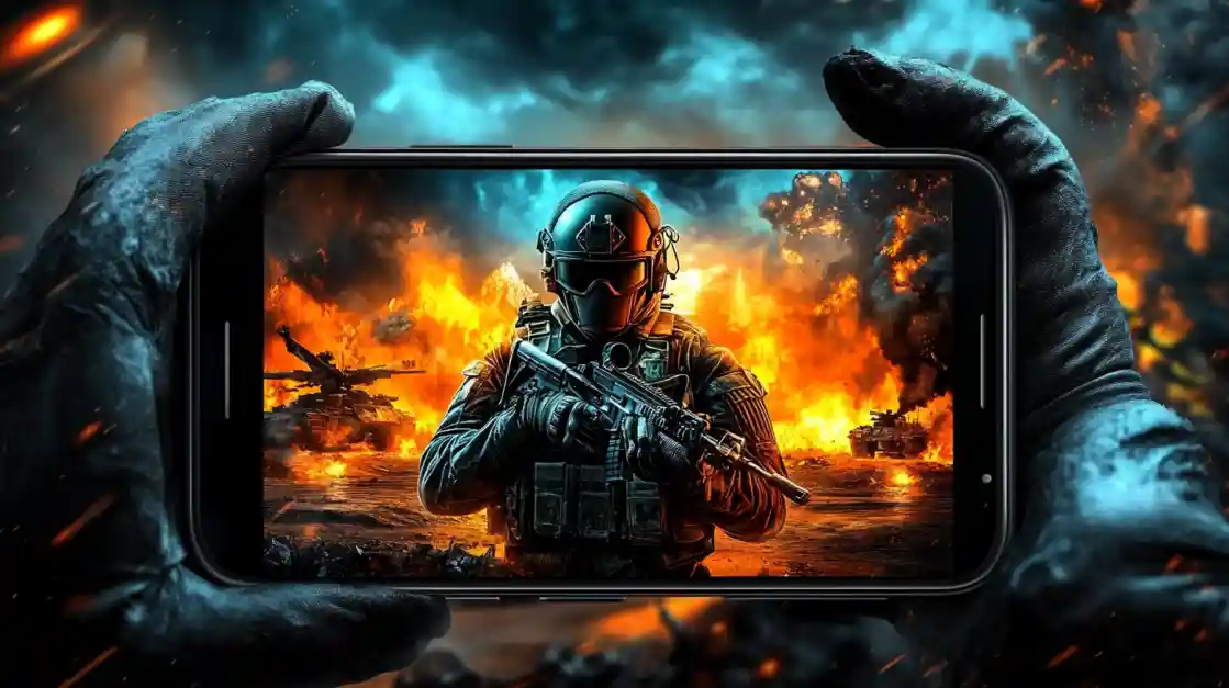 Hands holding a smartphone displaying an intense military shooter game with a soldier amidst explosions and tanks, showcasing the immersive action available on tk777.