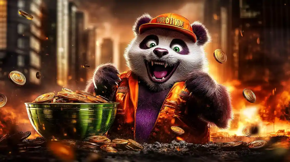 A cheerful panda character wearing an orange cap and jacket, surrounded by golden coins and a bowl of money, symbolizing wealth and good fortune with tk777.