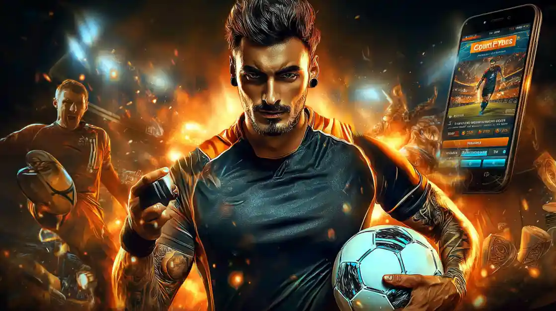 An intense male soccer player with tattoos holds a football, looking confidently at the camera with a tk777 sports betting app on a phone beside him, all set against a fiery action background.