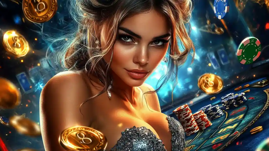 A beautiful woman in a glittering dress gives a captivating look while at a tk777 casino table, surrounded by floating gold coins, casino chips, and a roulette wheel.