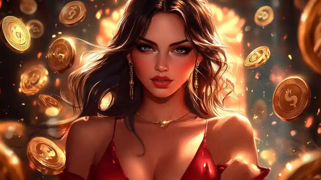 A stunning woman in a red dress, adorned with delicate jewelry, looks directly at the viewer as a shower of golden tk777 coins rains down around her, symbolizing big wins.