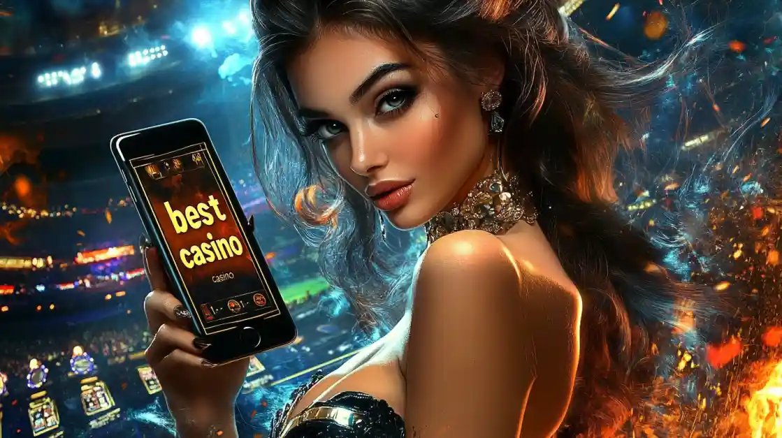 An alluring woman holds a smartphone with the best casino app from tk777 glowing on the screen, set against the backdrop of a brightly lit stadium and ambient flames.