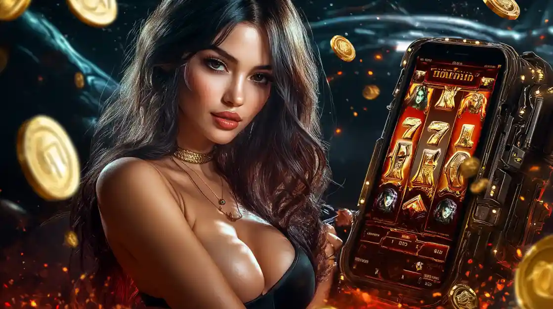 A beautiful woman in a black top looks confidently at the viewer while holding a smartphone displaying a tk777 mobile slot game with 777 symbols and golden coins.